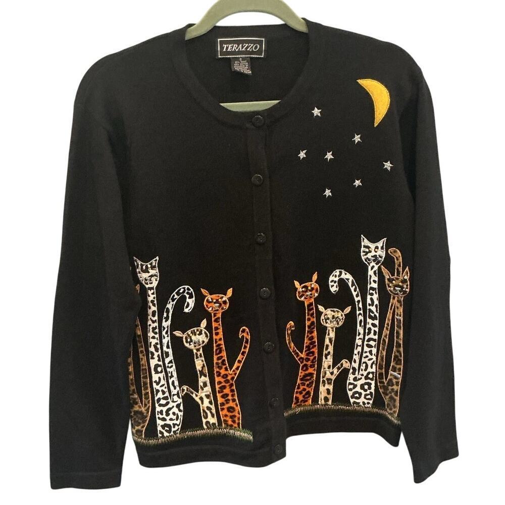 Vintage Terazzo Women Embroidered Sweater Cardigan Halloween Cat Lady Moon Witch